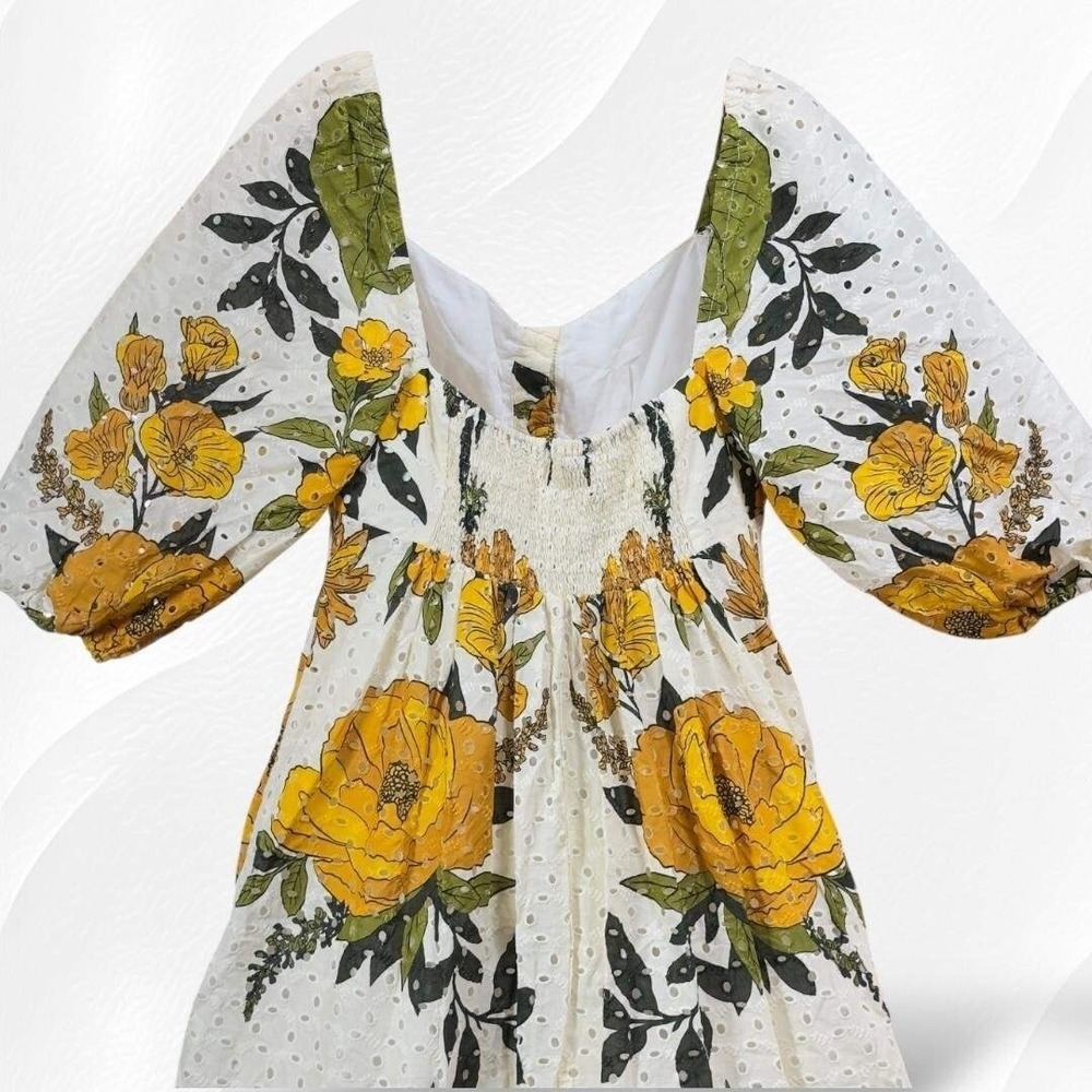 Farm Rio Maxi Dress Womens Small Quiet Garden Floral Eyelet Puff Sleeve Summer - Picture 6 of 10